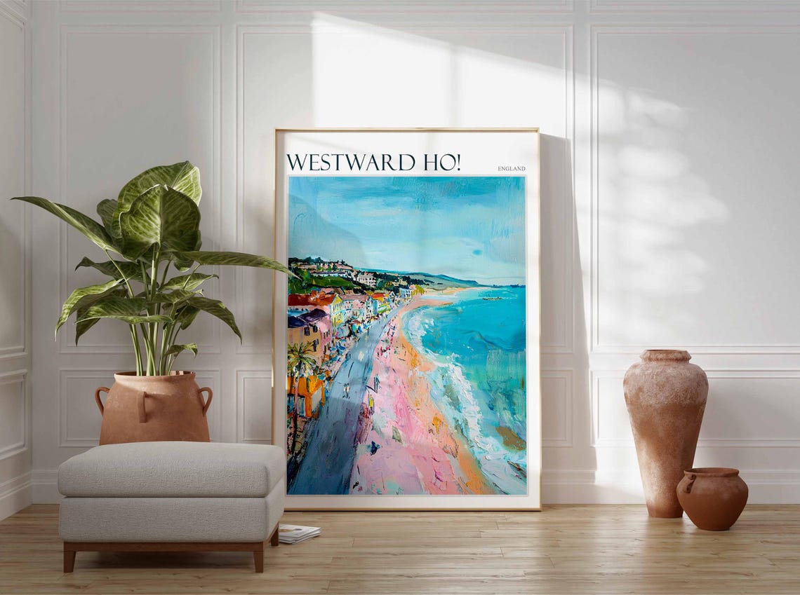 Westward Ho Aerial Beach Curve Town Surf Waves View Art Poster - Image 2
