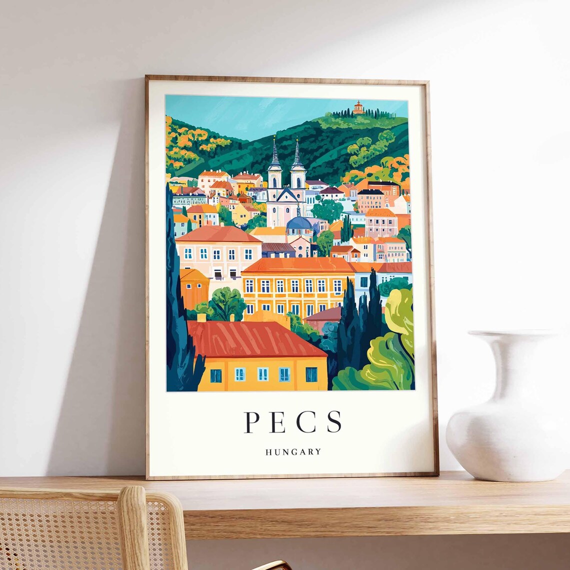 Pecs Hungary Colorful Hill Town Twin Church Spires Cityscape Poster