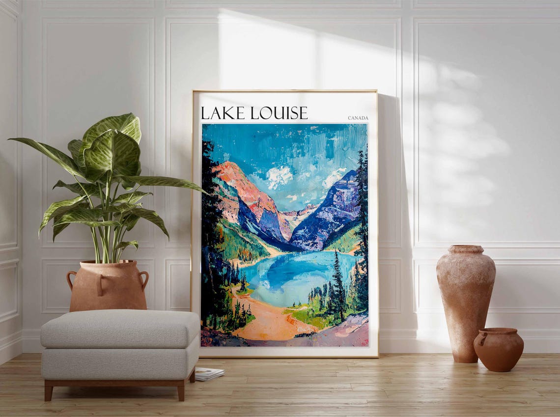 Lake Louise Canada Turquoise Bay Shoreline Viewpoint Painting Poster - Image 2