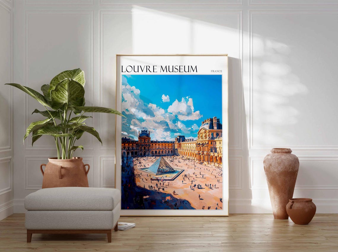 Louvre Museum Sunny Courtyard Crowd Scene France Travel Poster - Image 3