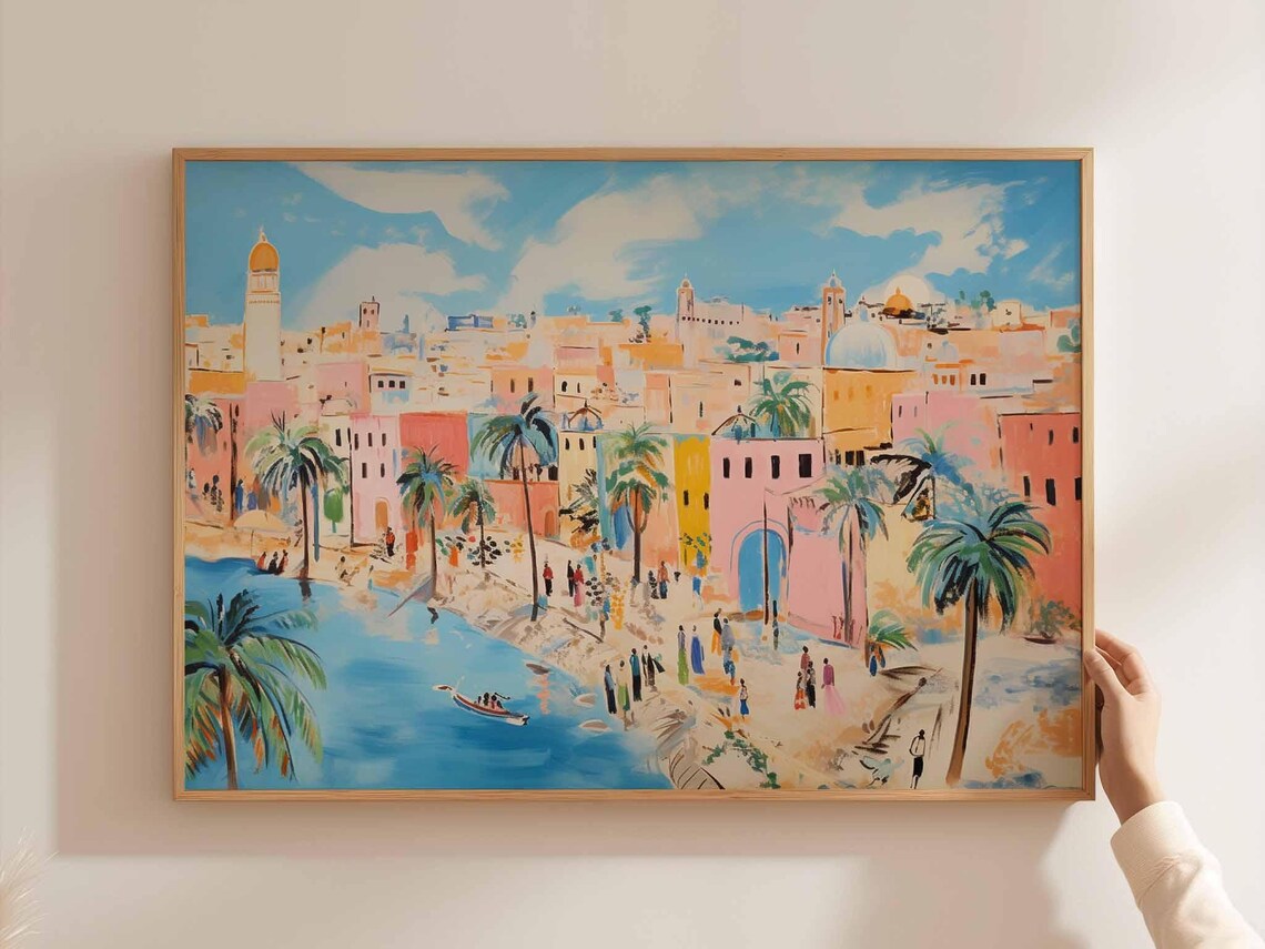 Baghdad Iraq Poster of Pastel Waterfront City with Palm Trees Boats