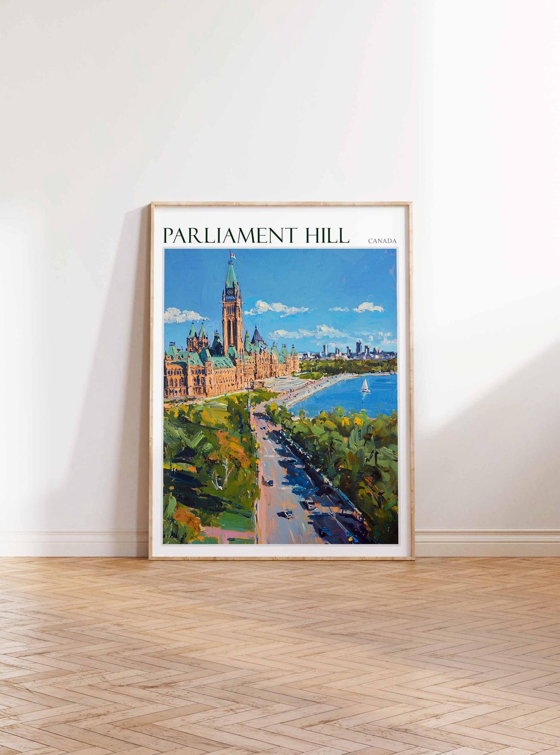 Parliament Hill Canada Clock Tower Street Sailboat Painting Poster - Image 2