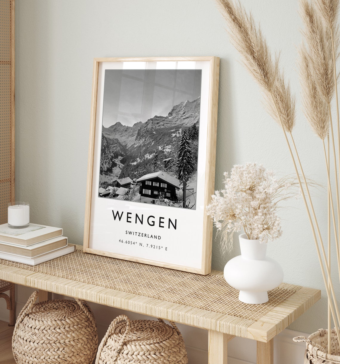 Wengen Switzerland Alpine Snow Village Black and White Photo Poster - Image 2