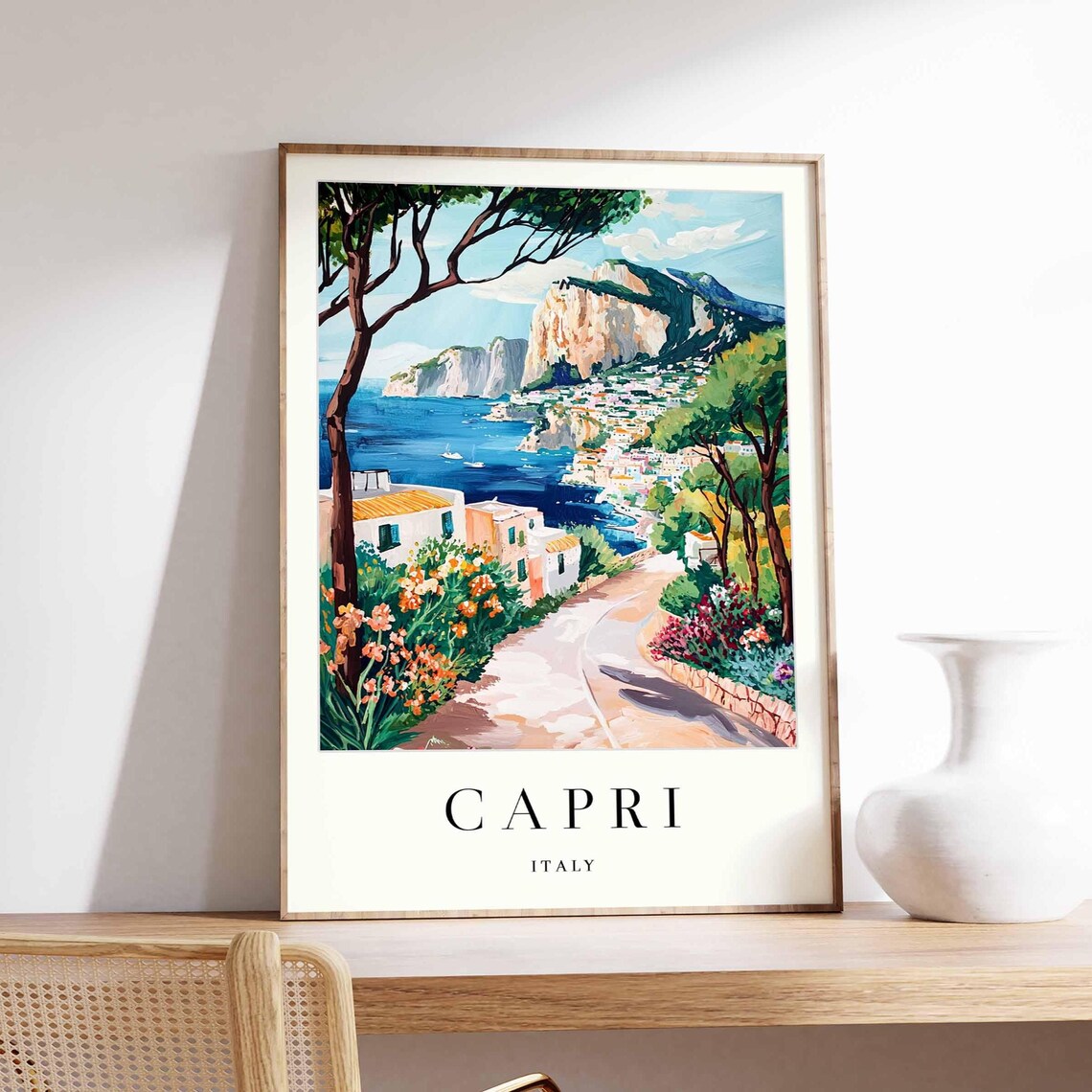 Capri Italy Flower Lined Coastal Road Cliffs Village Art Poster