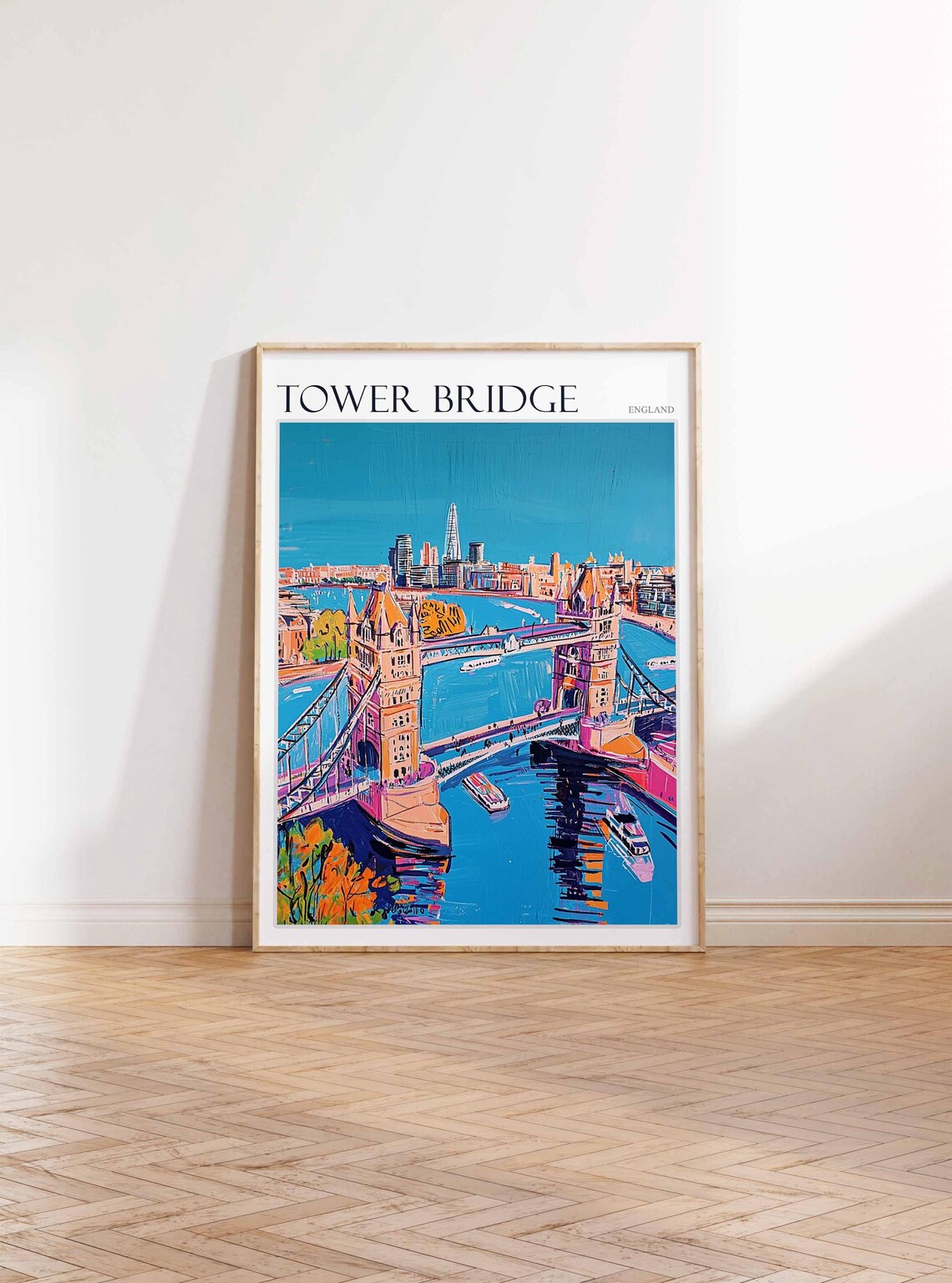 Tower Bridge High Aerial View Shard Thames Boats Painted Art Poster - Image 2