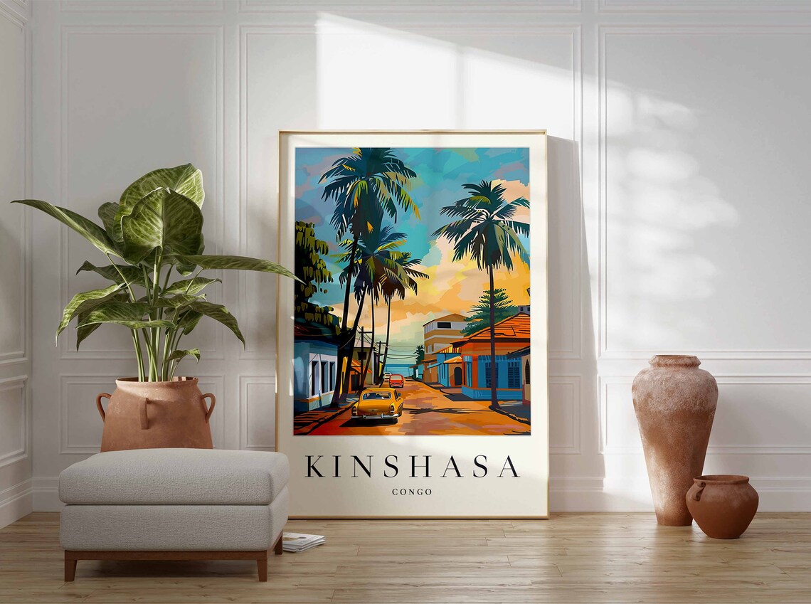 Kinshasa Congo Palm Lined Street With Vintage Cars Travel Poster - Image 3