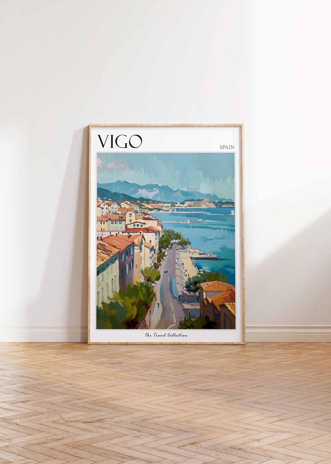 Vigo Spain Coastal City Waterfront Bay Mountains Travel Poster
