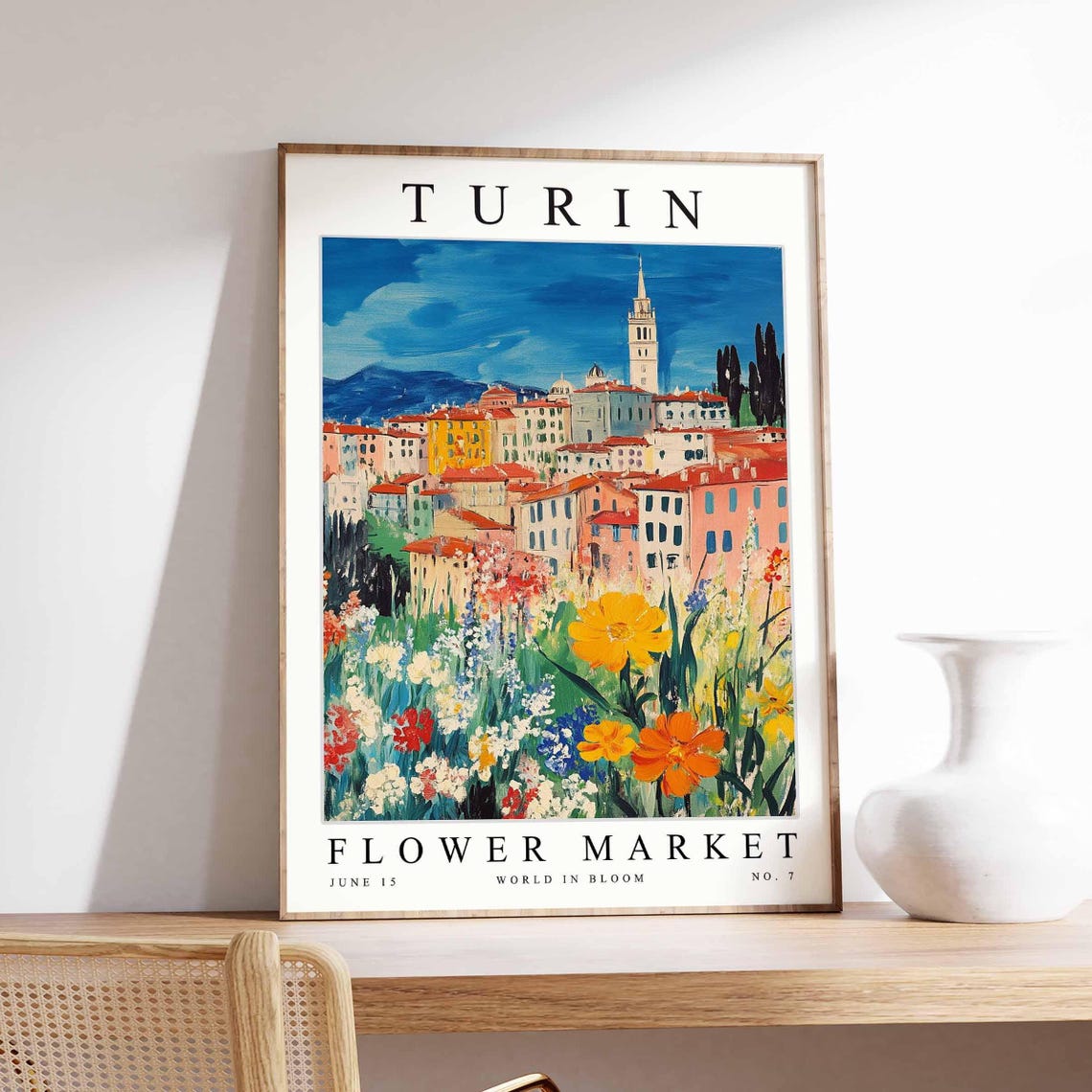 Turin Flower Market Terracotta Rooftops Meadow Flower Sunset Poster