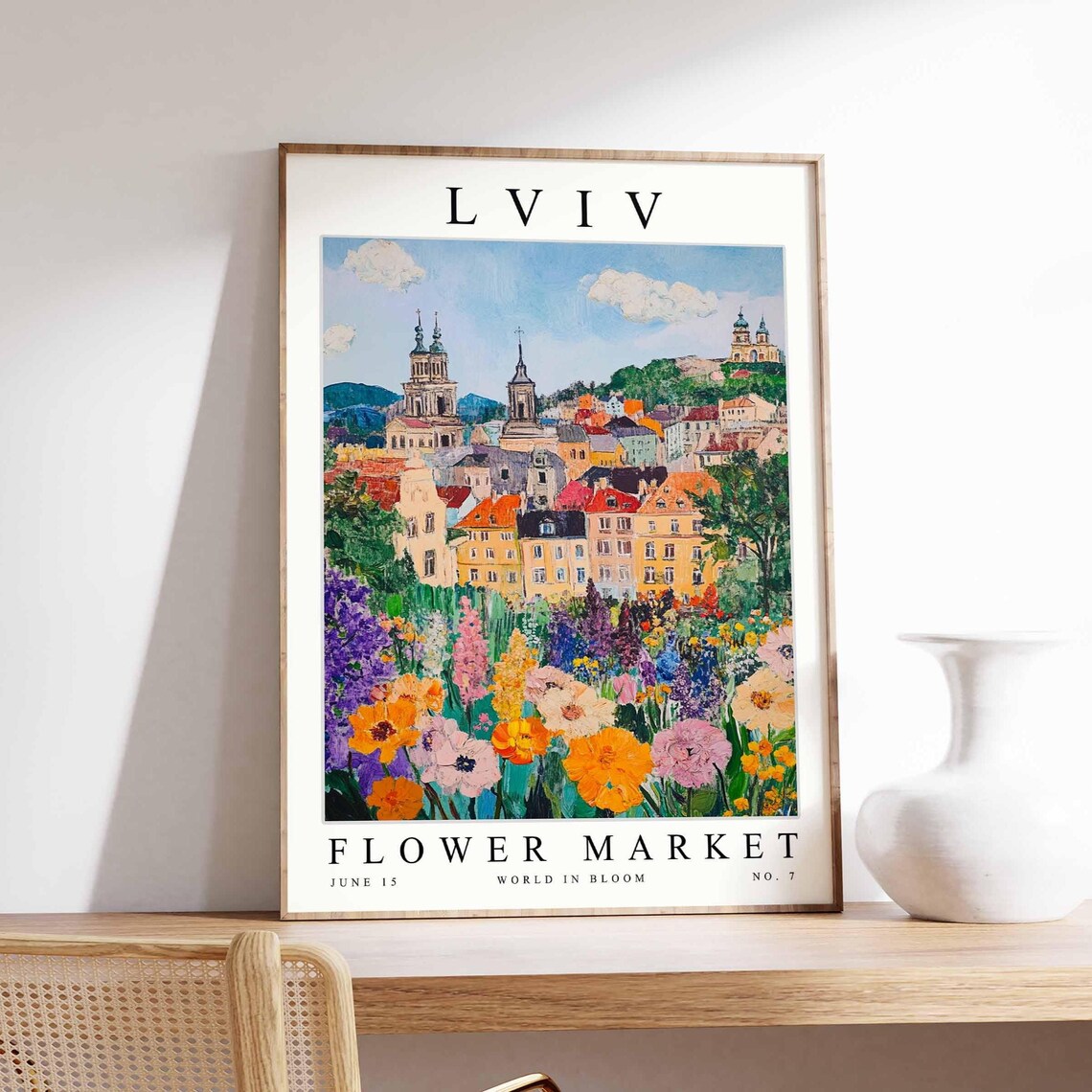 Lviv Flower Market Twin Towers City View Purple Bloom Street Poster