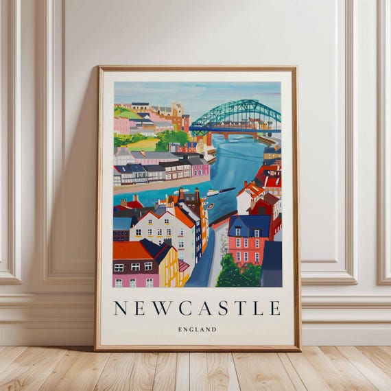 Newcastle England Travel Poster Tyne Bridges Cityscape Art