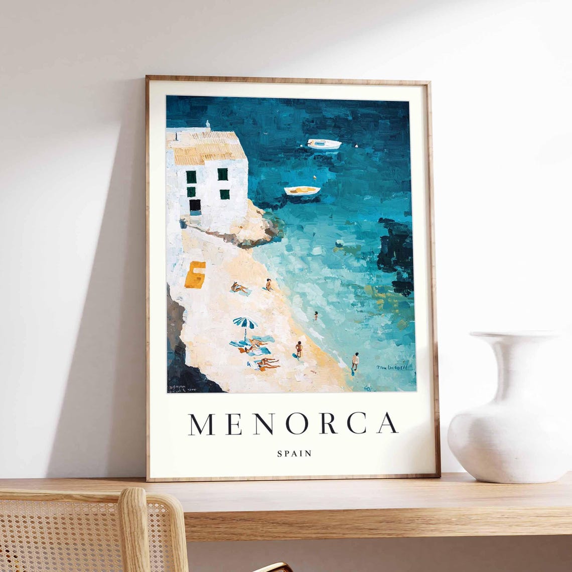 Menorca Spain Aerial Beach Bathers Turquoise Water Art Poster