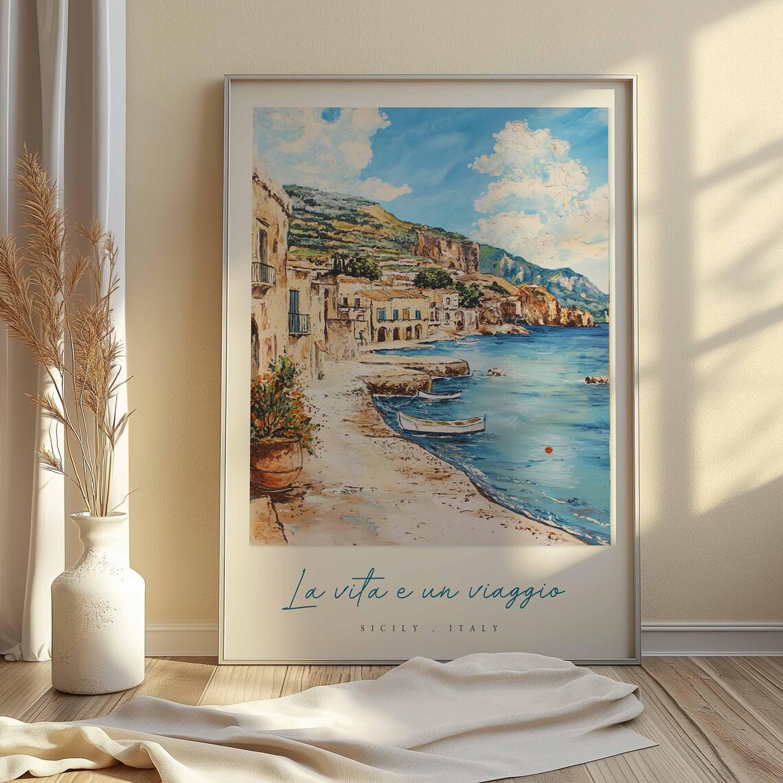 Sicily Italy Fishing Village Seafront Boats Cliffs Travel Poster - Image 2