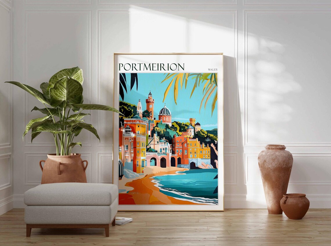 Portmeirion Wales Italianate Skyline Clock Tower Beach Waves Poster - Image 4