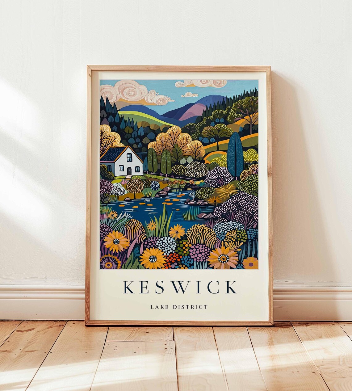 Keswick Lake District Cottage Wildflower Garden Hills Folk Art Poster