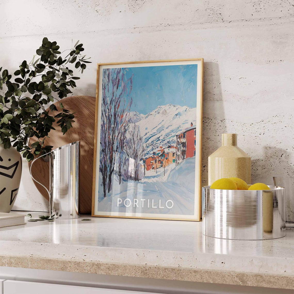 Portillo Chile Watercolor Andes Snow Slopes Hotel Scene Poster - Image 2