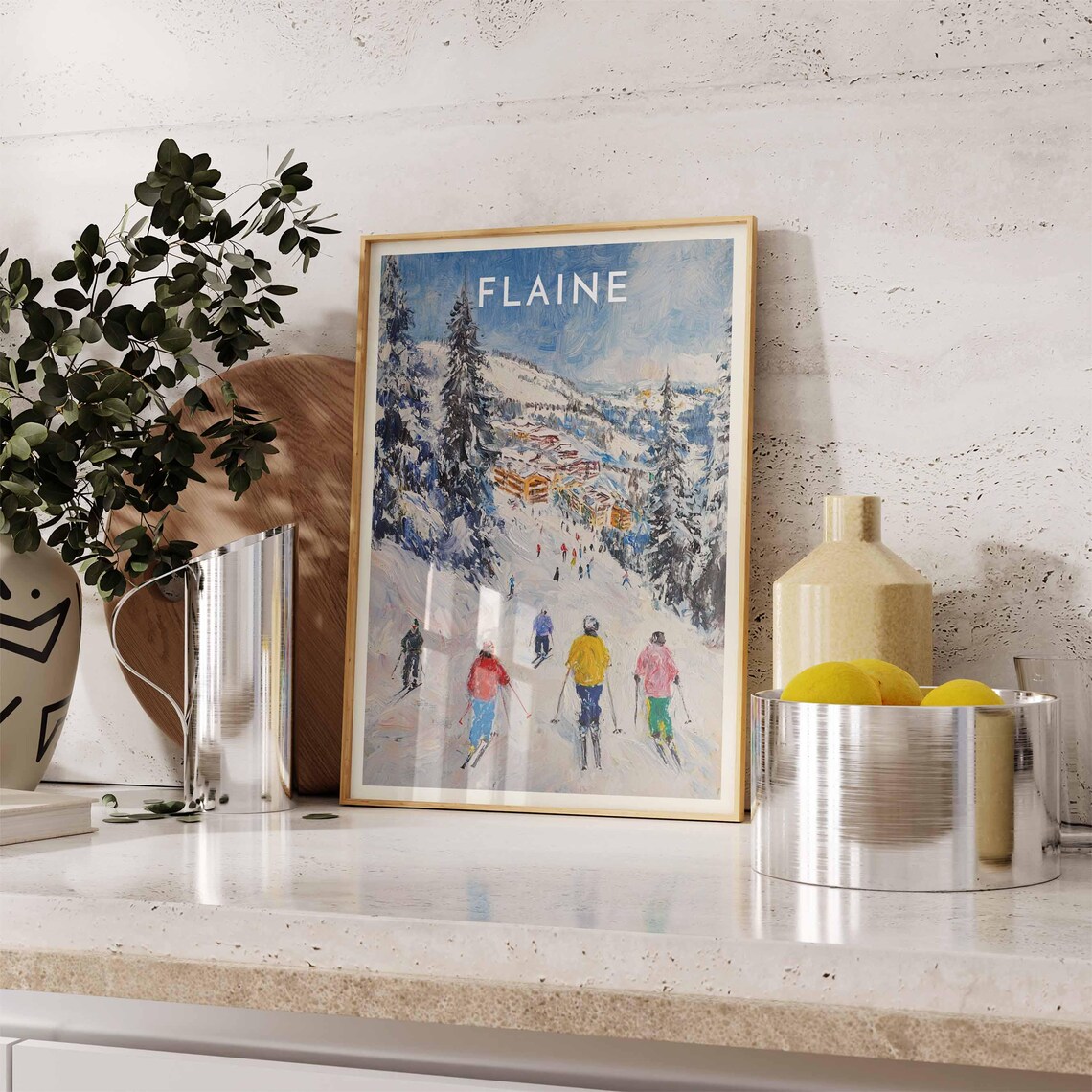 Flaine Skiers Descending Snowy Pines Slopes Winter Travel Poster - Image 2