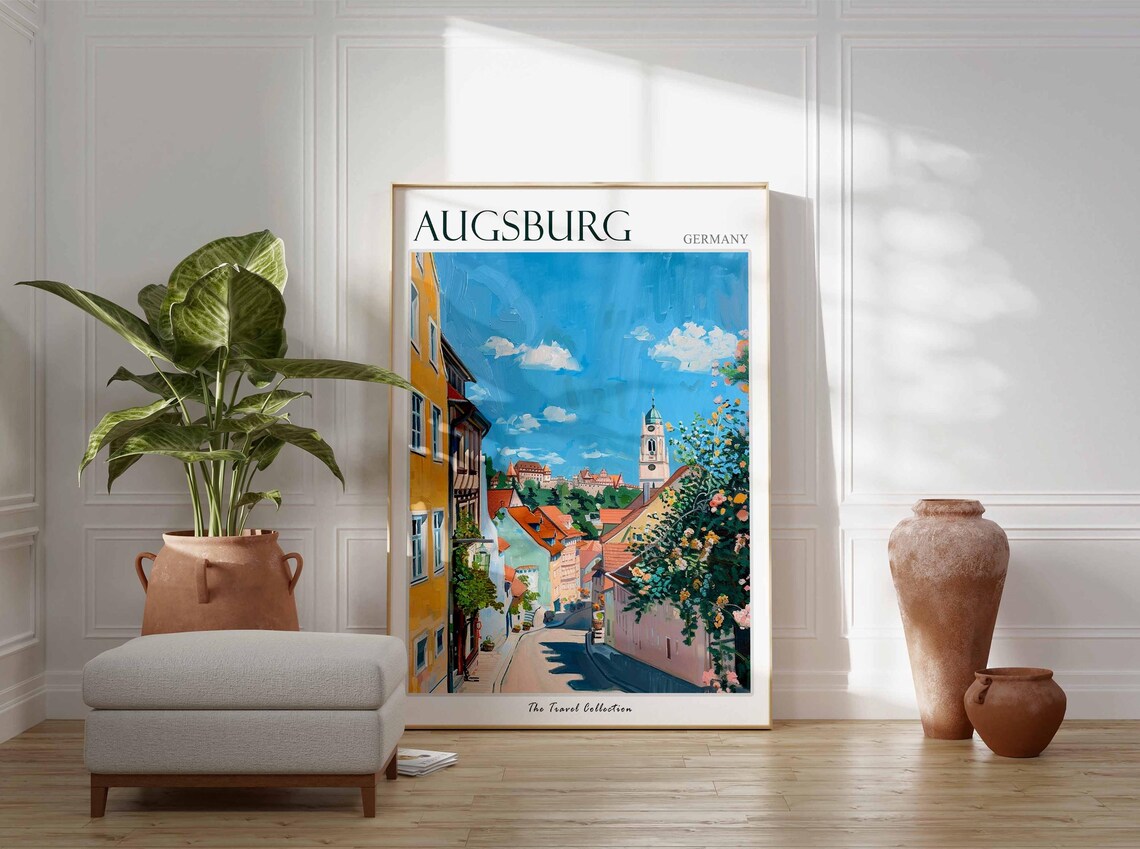 Augsburg Germany Sunny Lane Red Rooftops Church Tower Travel Poster - Image 2