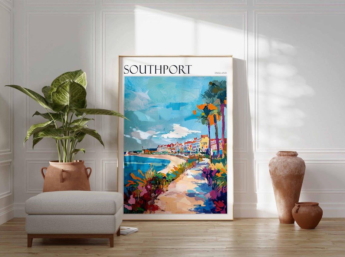 Southport England Colorful Palm Lined Coastal Seafront Path Poster - Image 2