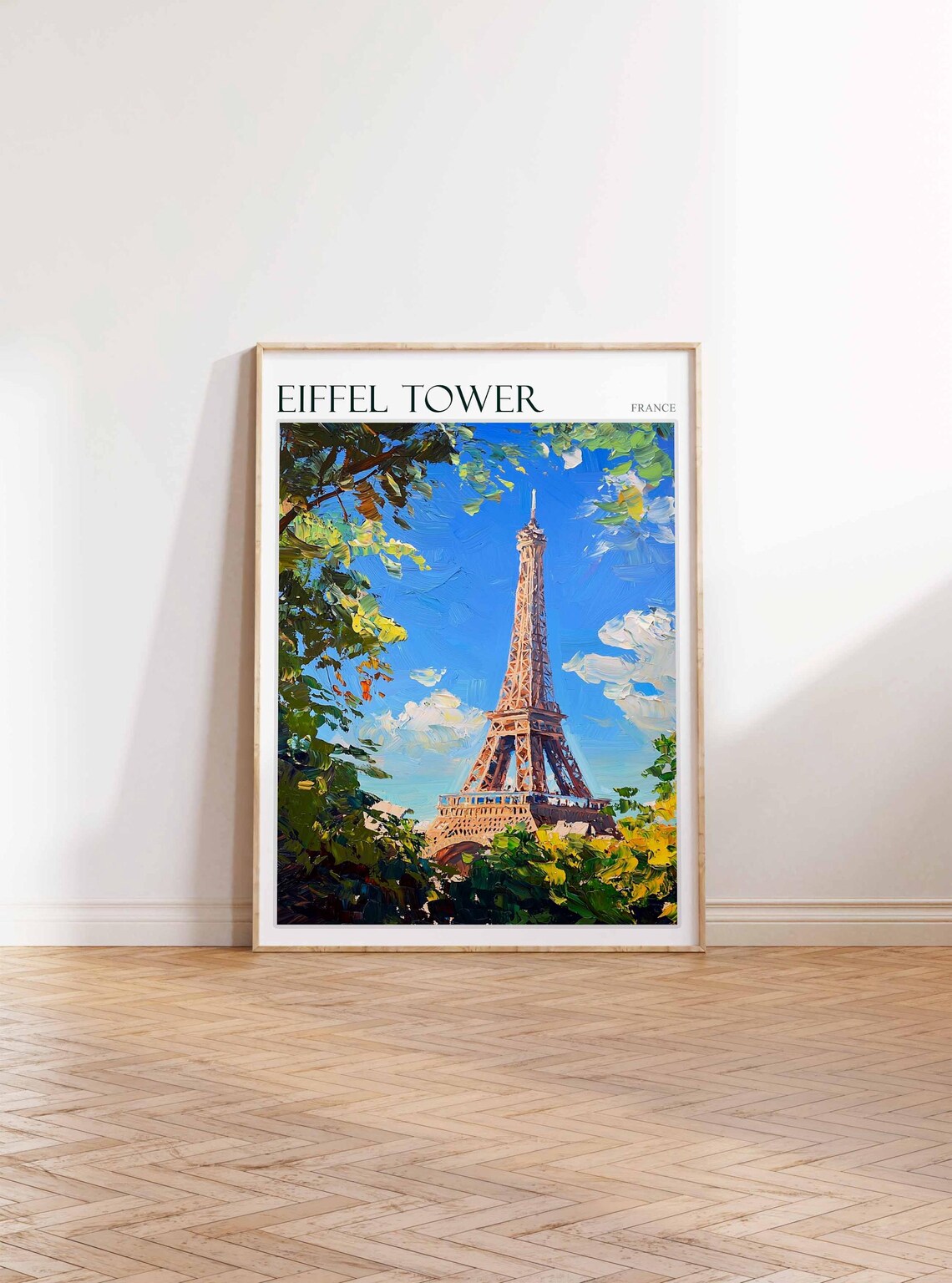 Eiffel Tower France Travel Poster Foliage Framed Blue Sky Painting - Image 3