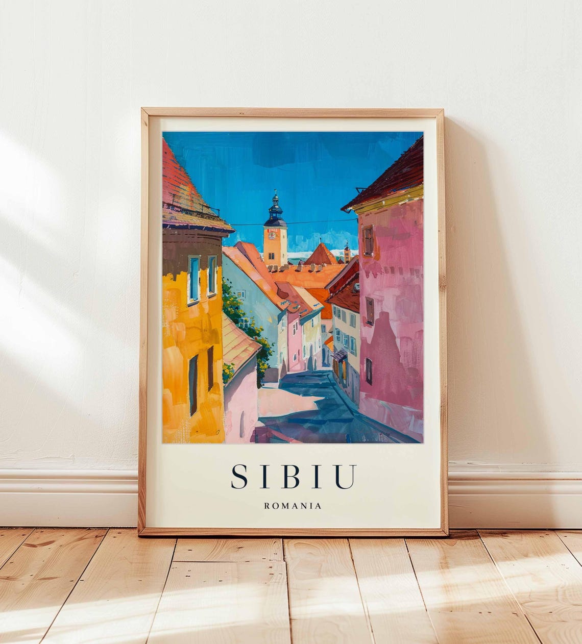 Sibiu Romania Old Street Clock Tower Bright Watercolor Poster