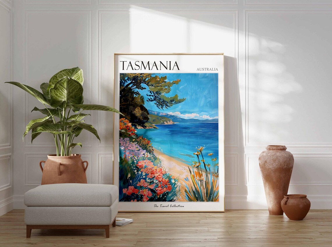 Tasmania Australia Wildflower Cliff Beach Blue Sea Art Poster - Image 2