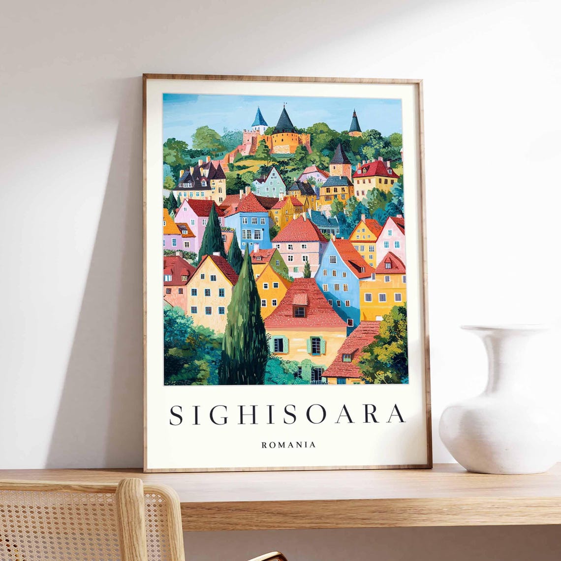 Sighisoara Romania Colorful Hillside Houses Cypress Trees Poster