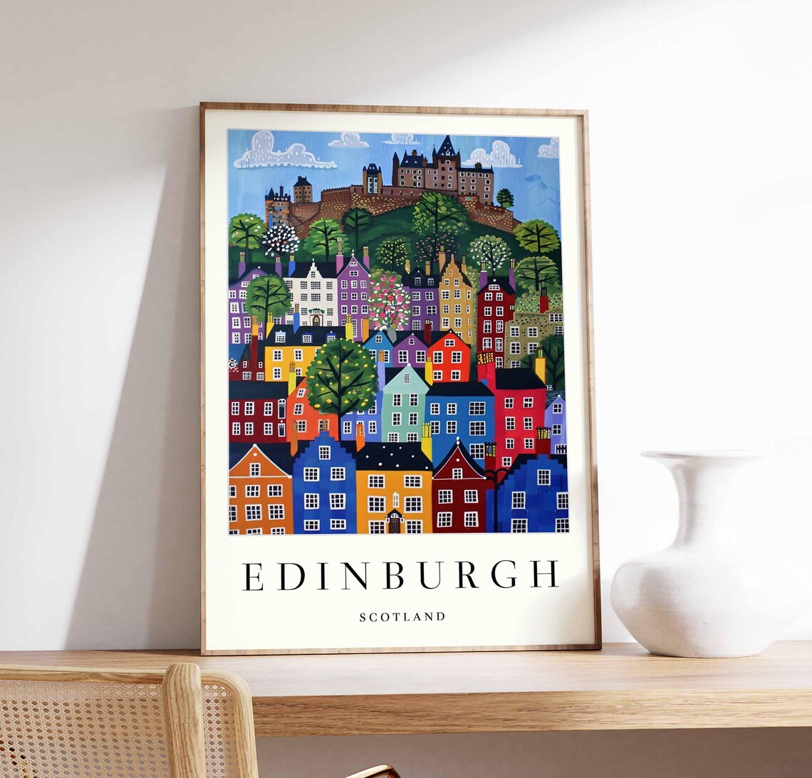 Edinburgh Scotland Whimsical Stacked Houses Castle Travel Poster