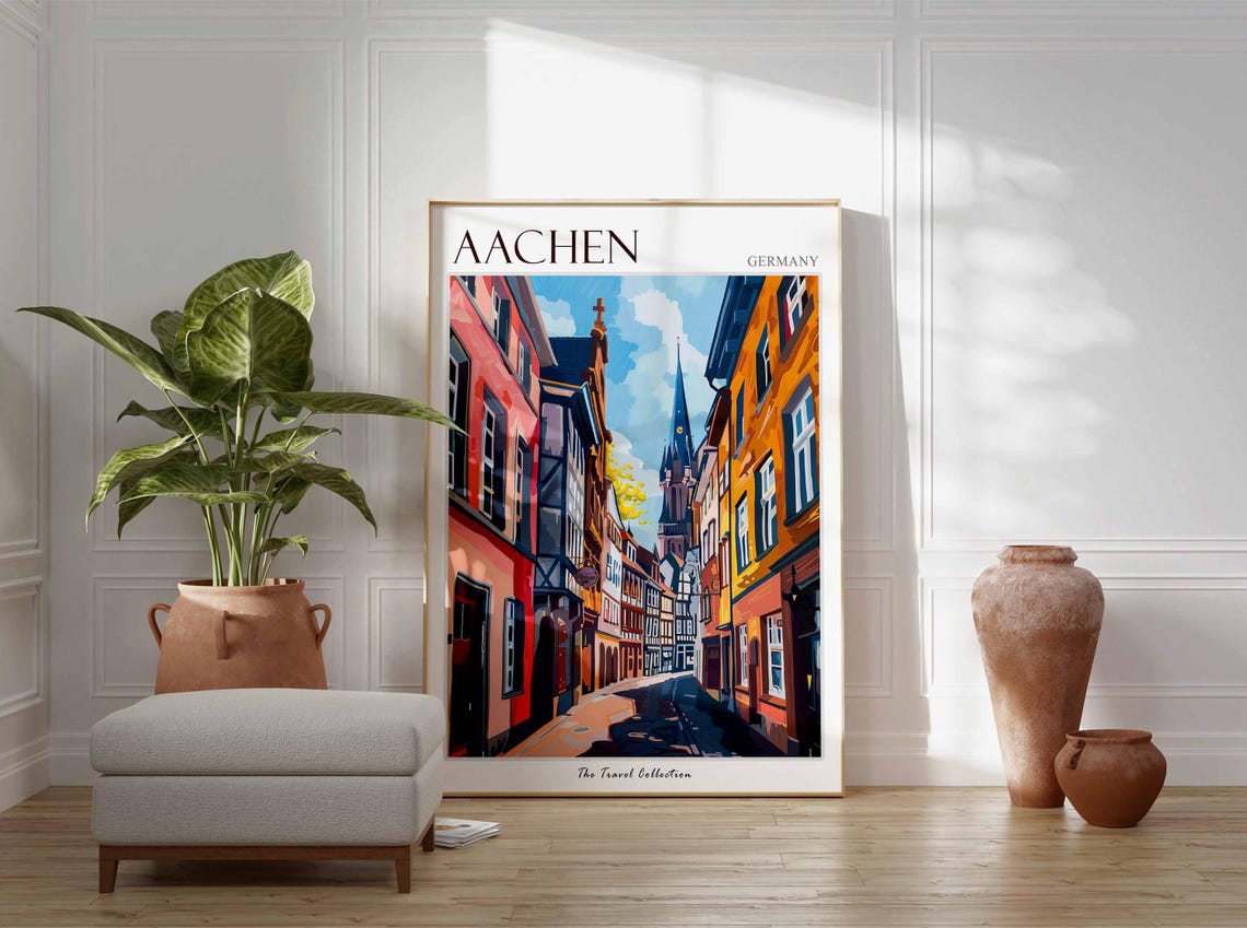 Aachen Germany Cobblestone Street Half Timbered Houses Poster - Image 2