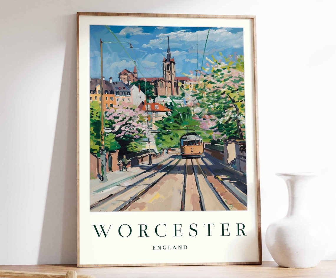 Worcester England Travel Poster Tram Tracks Hill Church Blossom Scene