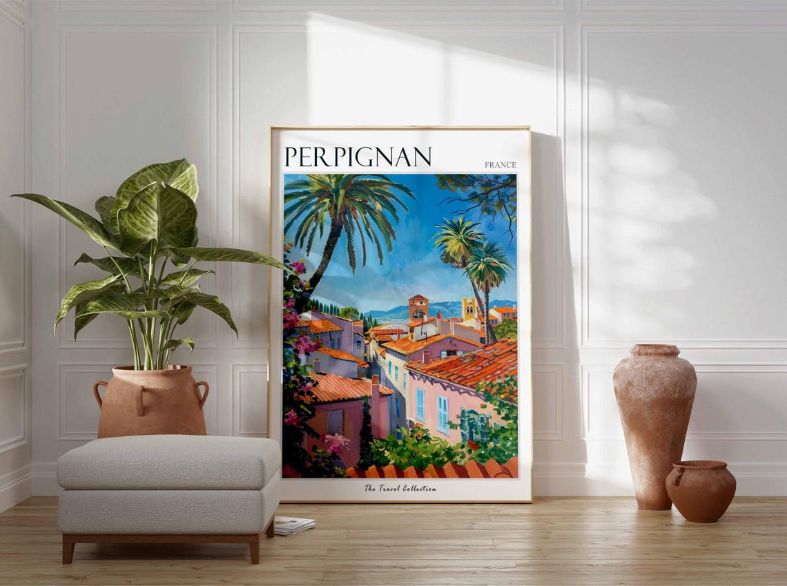 Perpignan France Palm Trees Terracotta Rooftops Bright Poster - Image 3