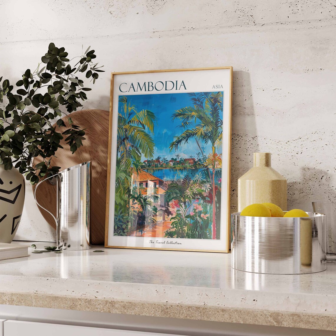 Cambodia Asia Tropical Palm Lagoon Painted Travel Collection Poster - Image 3