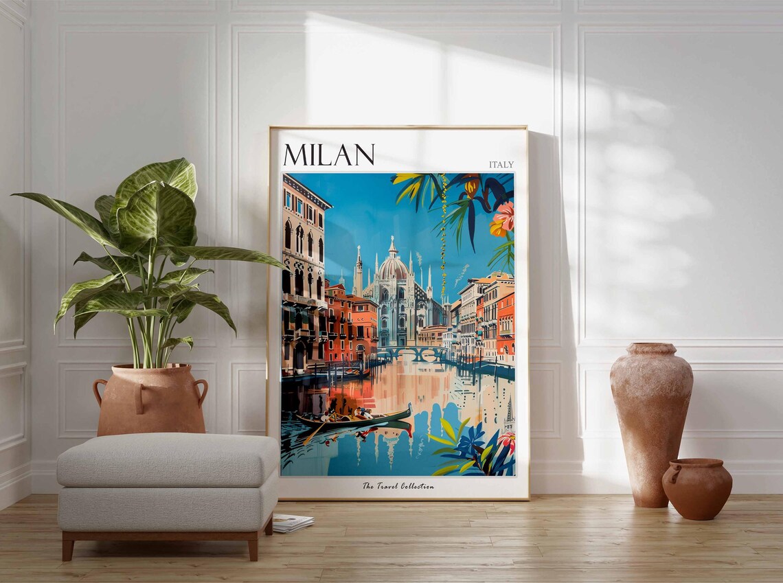 Milan Italy Canal Cathedral Art Illustration Travel Collection Poster - Image 2