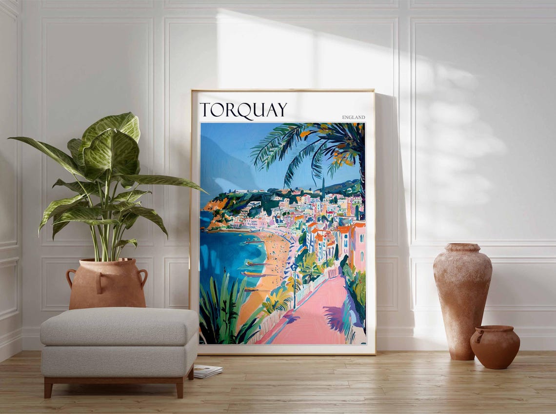 Torquay Palm Promenade Beach Bright Painterly Seaside England Poster - Image 2