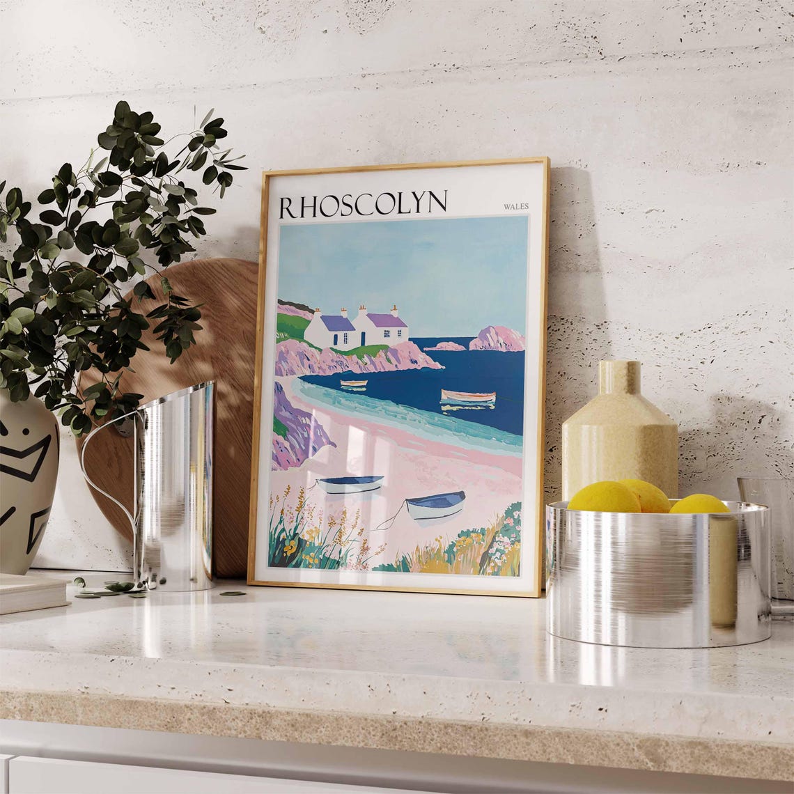 Rhoscolyn Wales White Cottage Pink Beach Rowboats Art Poster - Image 3