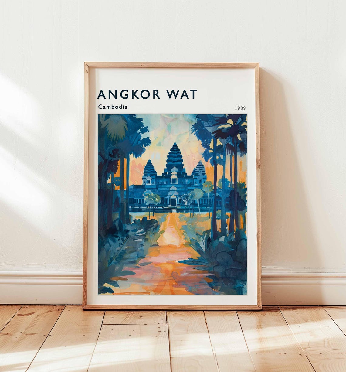 Angkor Wat Cambodia 1989 Watercolor Sunset Temple Palms Poster
