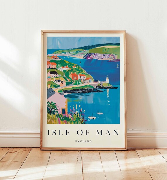 Isle of Man England Harbor Travel Poster Lighthouse Village Coastal Decor