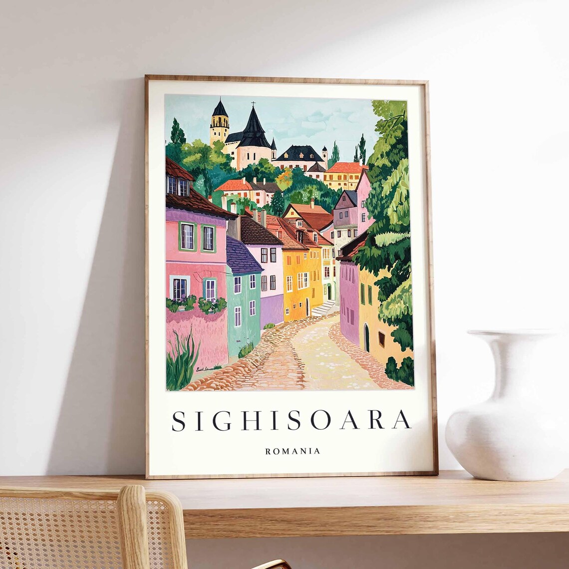 Sighisoara Romania Pastel Houses Cobblestone Lane Church Poster