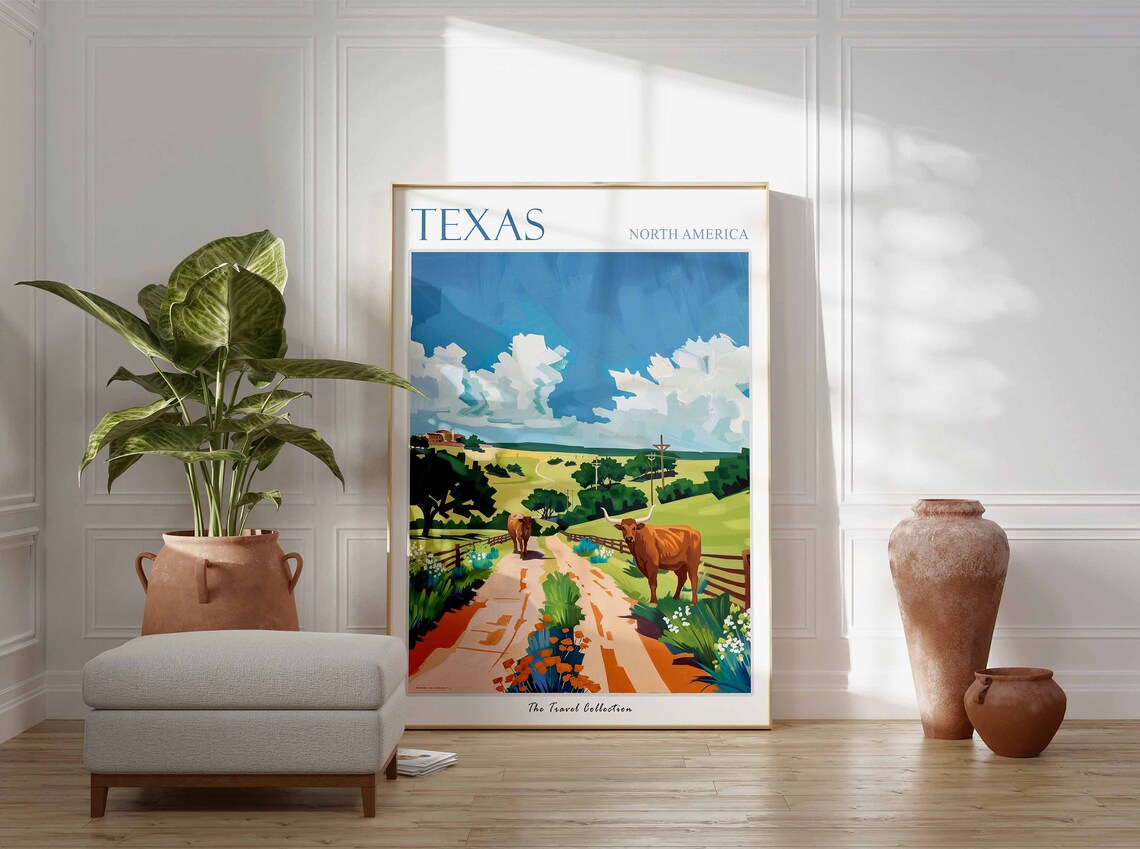 Texas North America Longhorn Cattle Ranch Road Travel Poster - Image 3