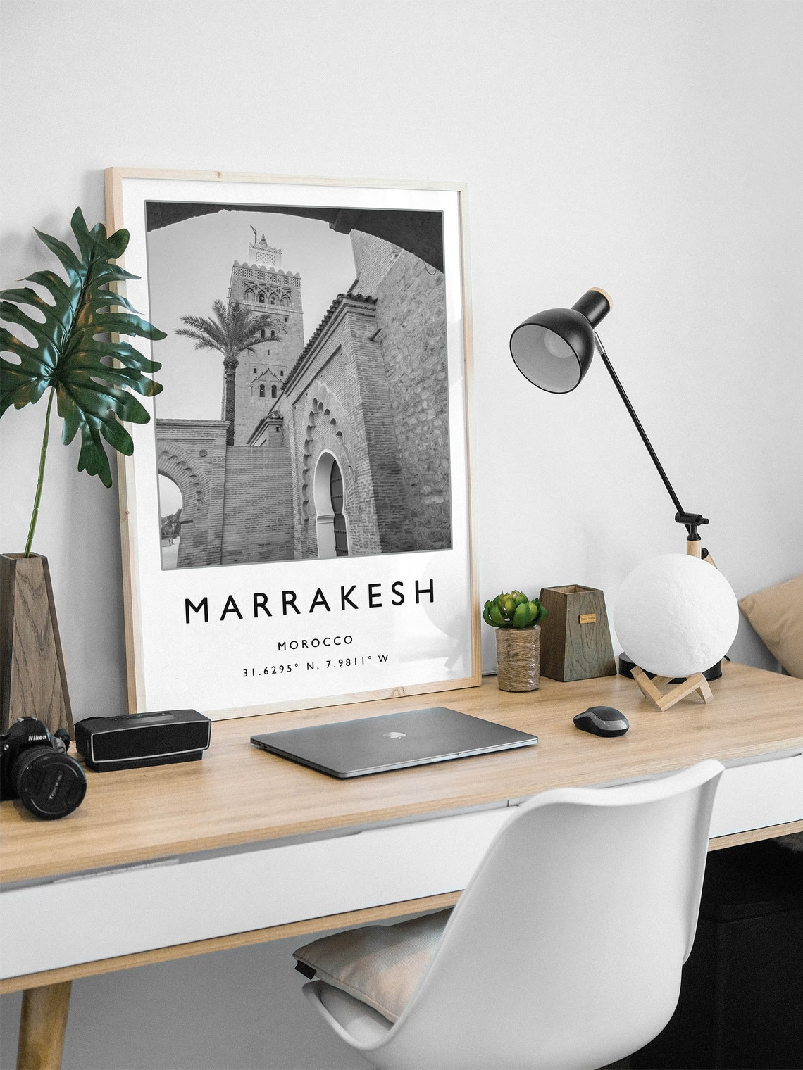 Marrakesh Morocco Black and White Mosque Minaret Photo Poster - Image 2