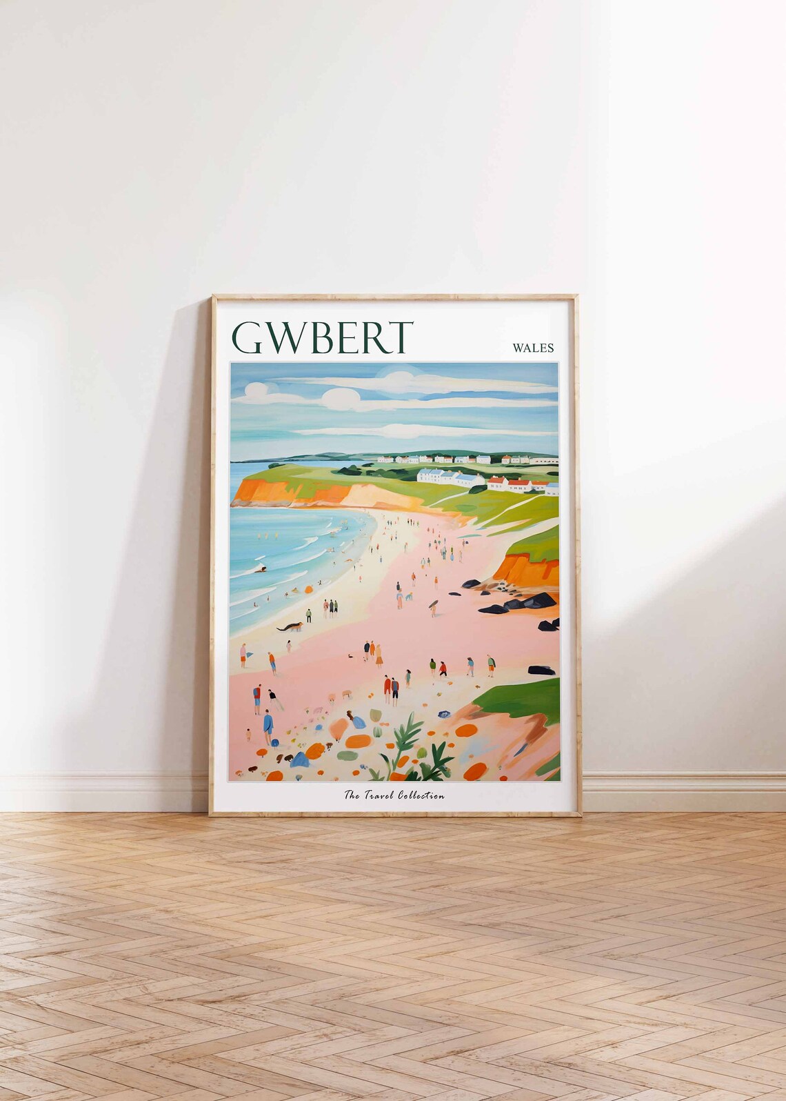 Gwbert Wales Wide Pink Beach with Bathers Vintage Travel Poster - Image 2