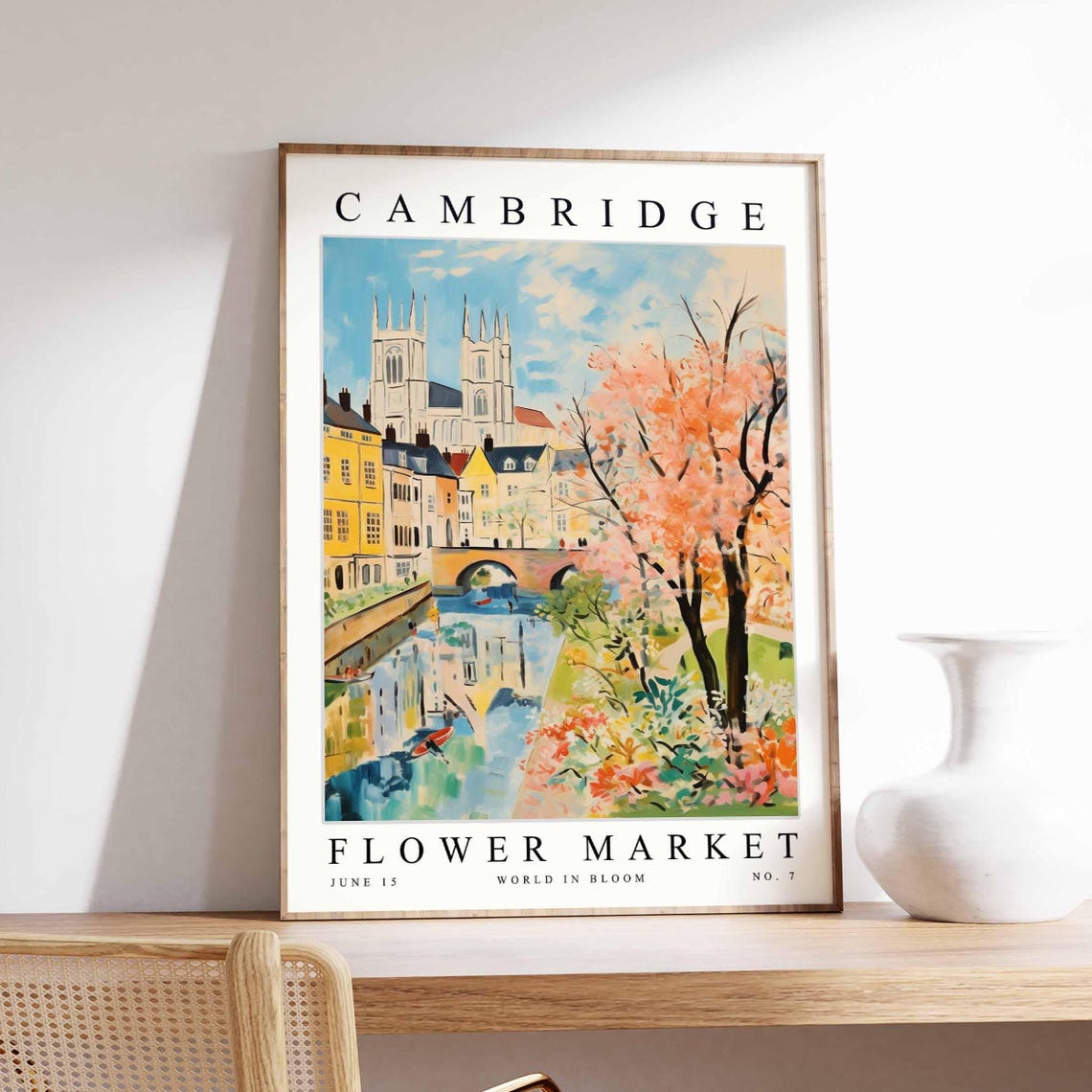 Cambridge Flower Market River Bridge With Cherry Blossoms Poster
