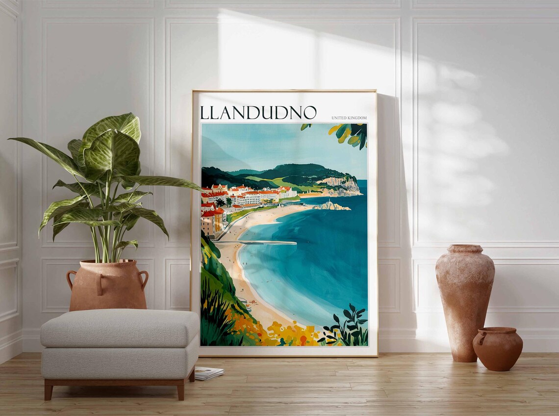 Llandudno United Kingdom Curved Sandy Bay Pier Town Seaside View Poster - Image 3