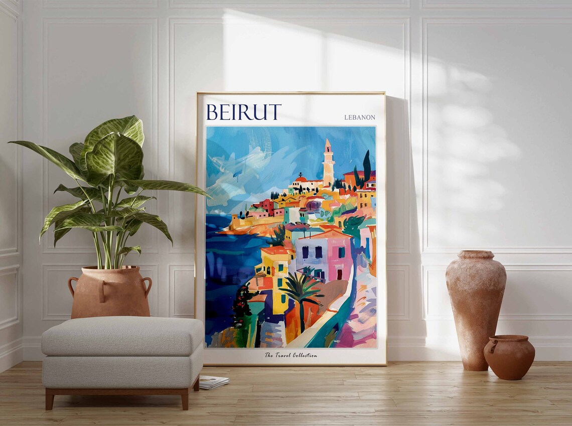 Beirut Lebanon Coastal City Travel Poster Colorful Harbor Artwork - Image 3