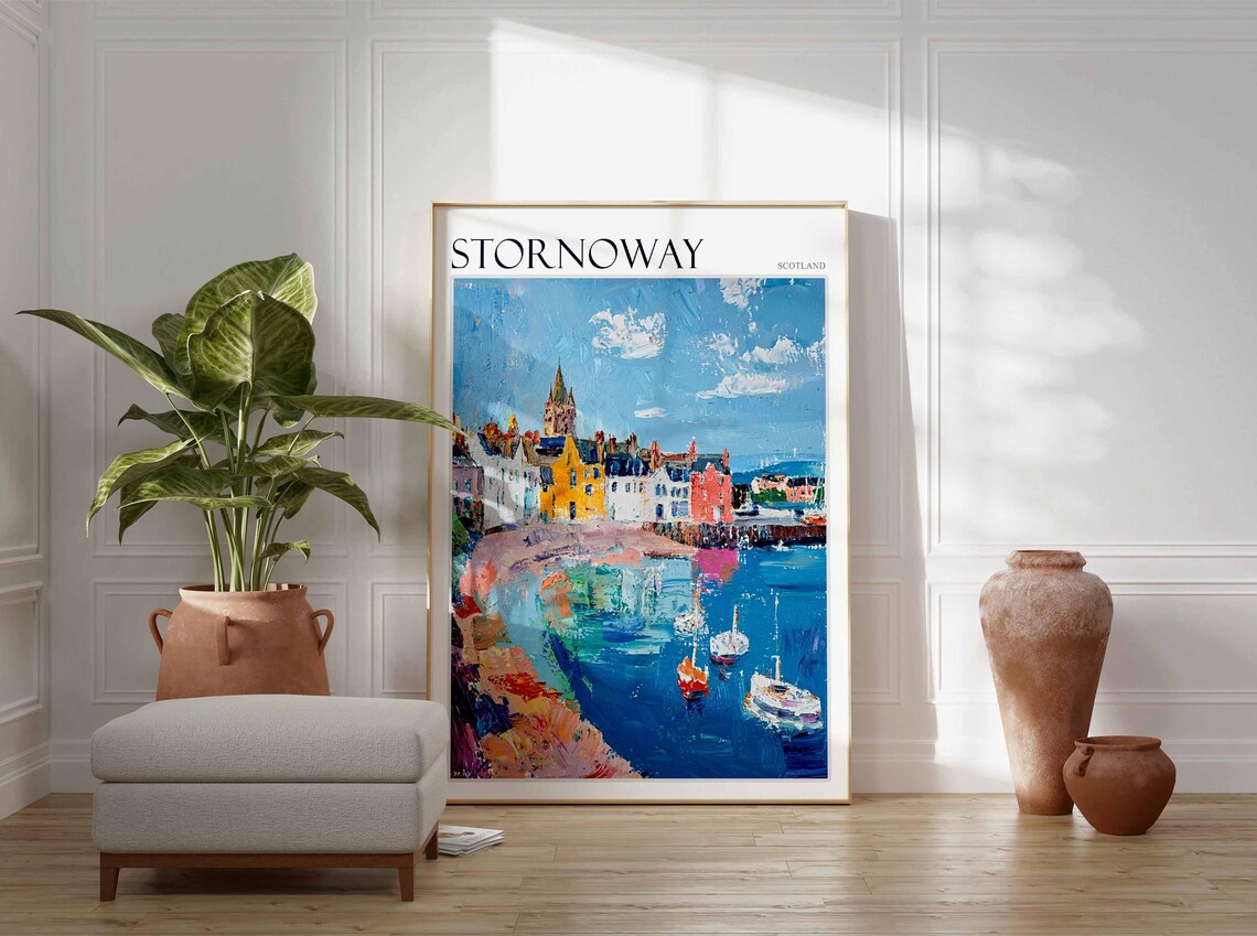 Stornoway Church Tower Harbor Boats Watercolor Scottish Travel Poster - Image 2