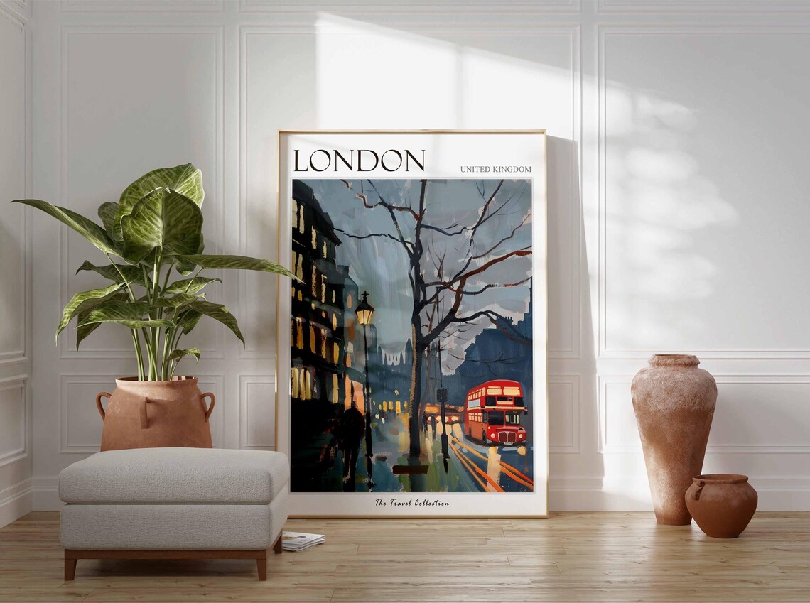 London Rainy Street Red Bus Impressionist Art Travel Collection Poster - Image 3