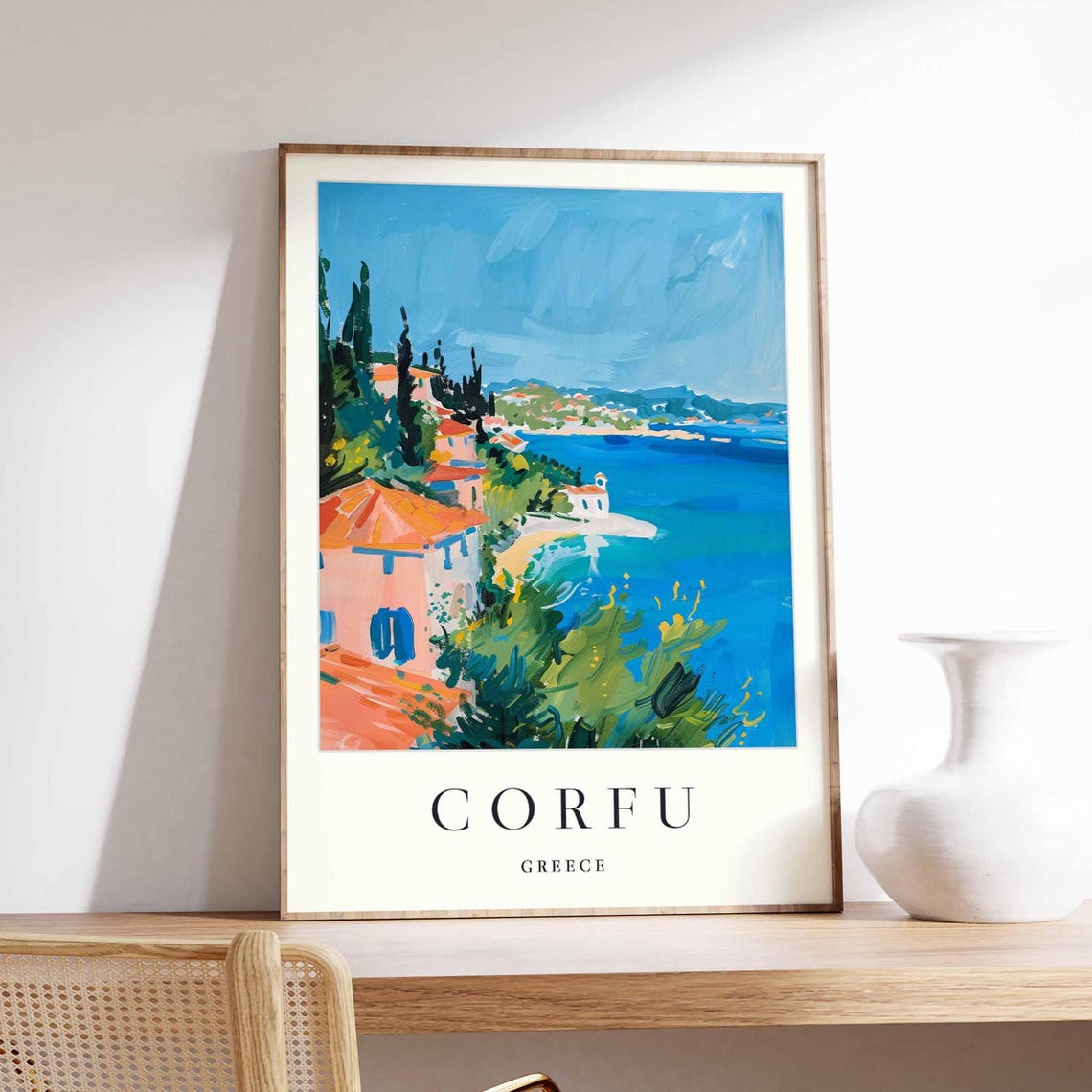 Corfu Greece Watercolor Coastal Village Impressionist Poster