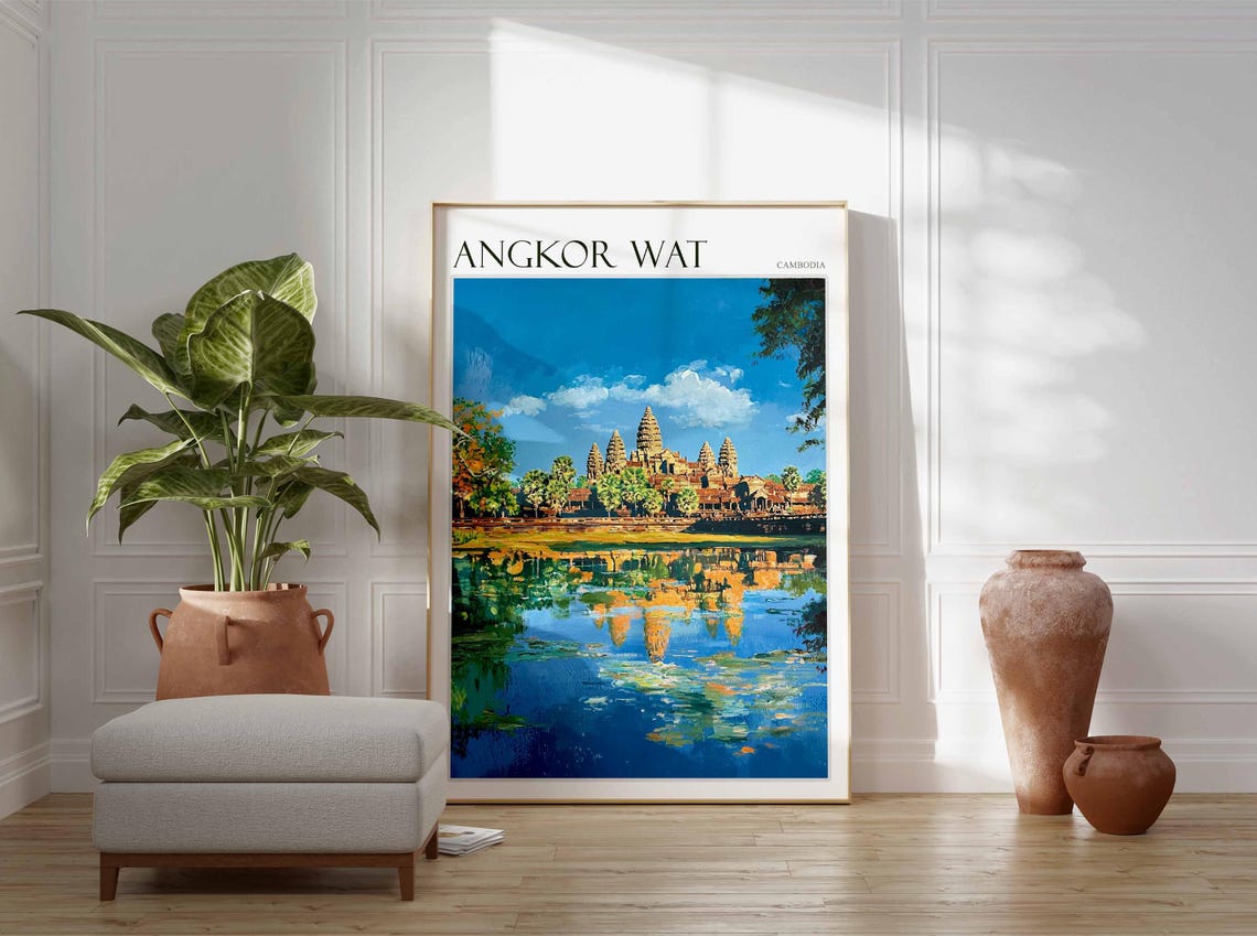 Angkor Wat Cambodia Temple Reflection Serene Watercolor Poster - Image 2