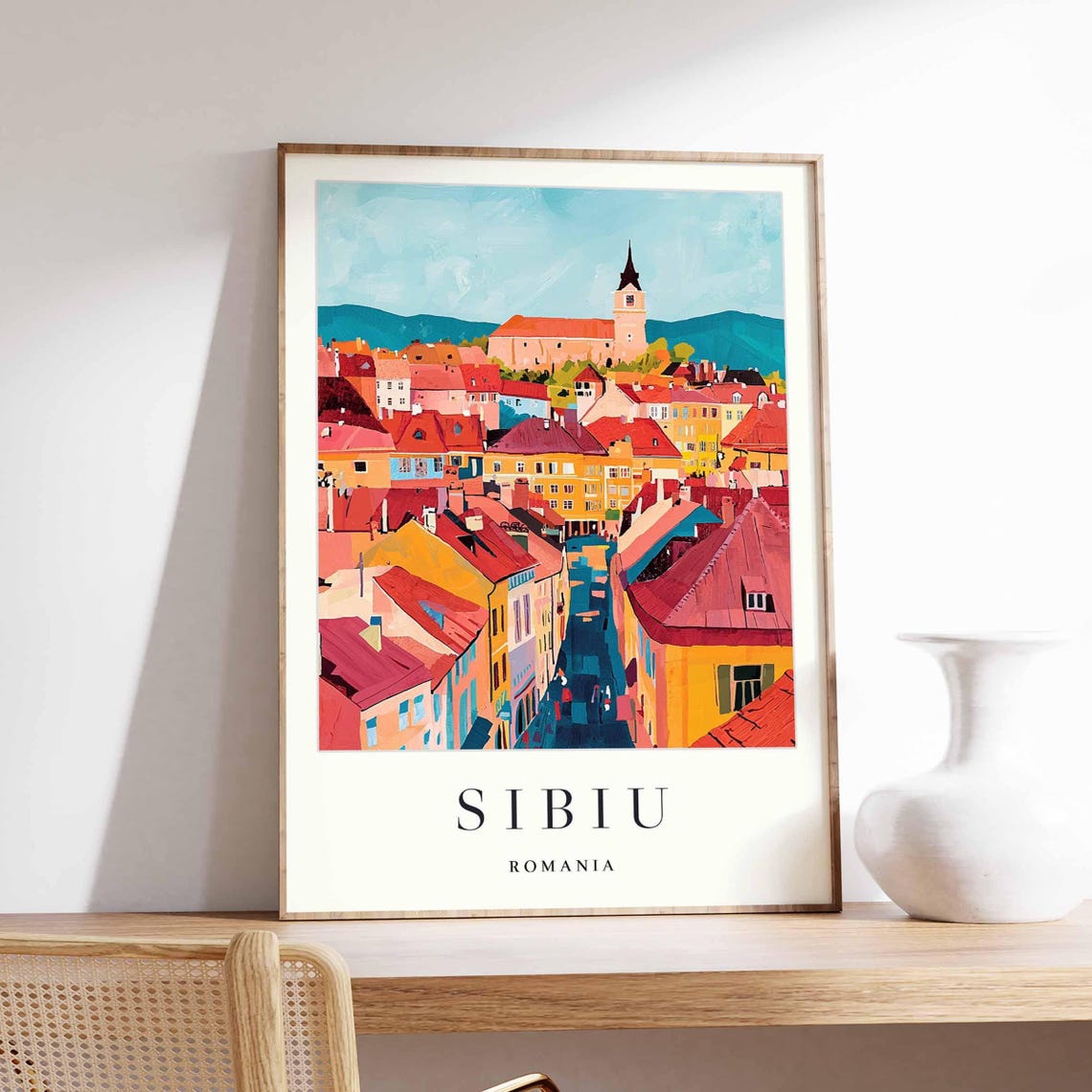Sibiu Romania Mountain View Rooftops Cathedral Spire Travel Poster