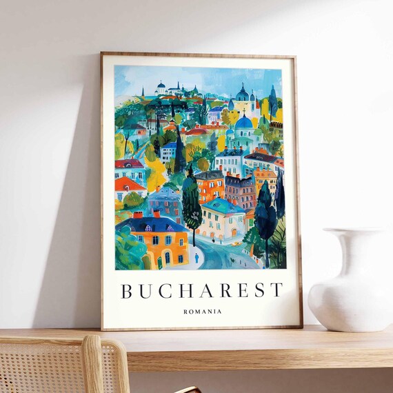 Bucharest Romania Hillside Colorful Buildings Cityscape Art Poster