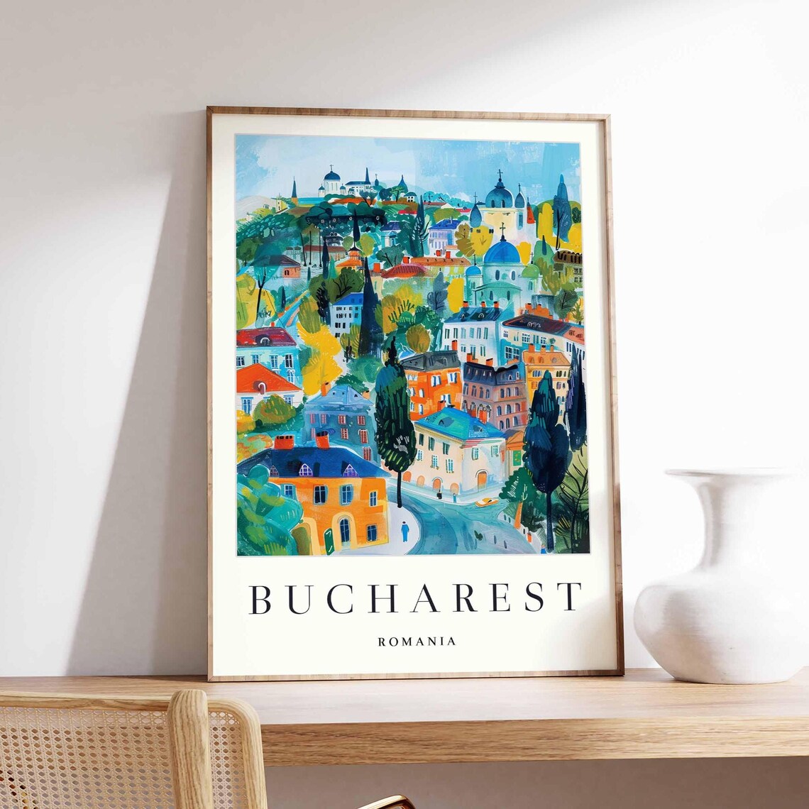 Bucharest Romania Hillside Colorful Buildings Cityscape Art Poster